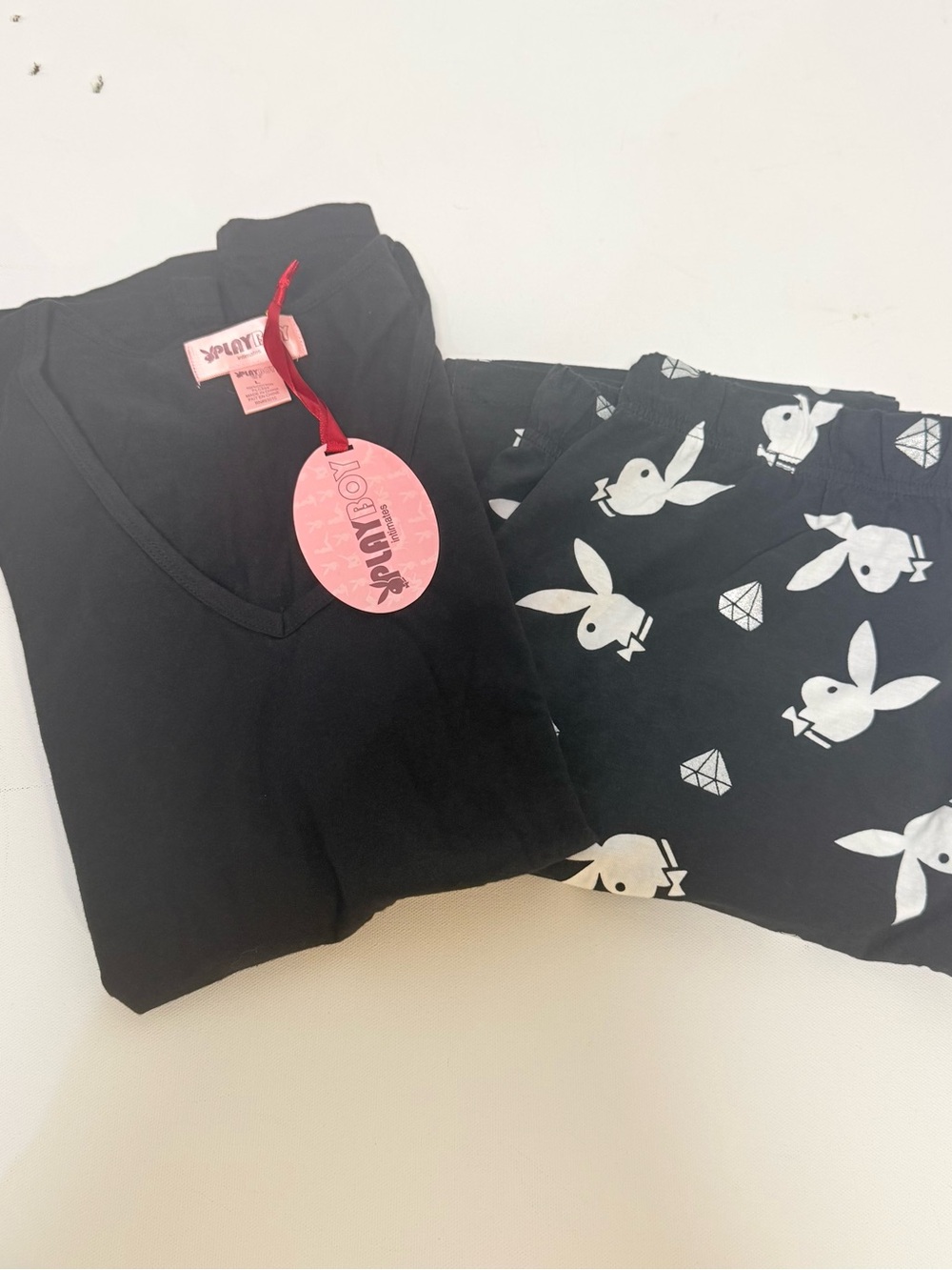 NWT Playboy Intimates Pajama Set | Black Bunny & Diamond Print | Size Large